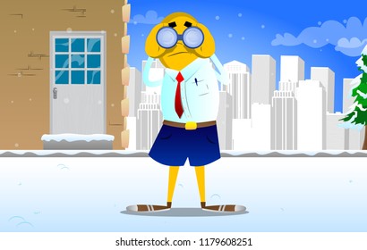 Yellow man looking through binoculars. Vector cartoon illustration.