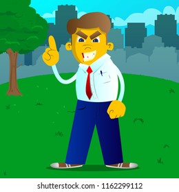 Yellow man making a point. Vector cartoon illustration.