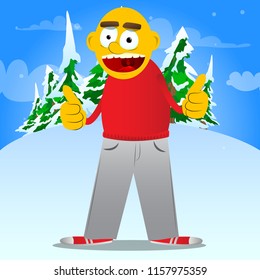 Yellow man making thumbs up sign with two hands. Vector cartoon illustration.