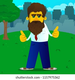 Yellow man making thumbs up sign with two hands. Vector cartoon illustration.