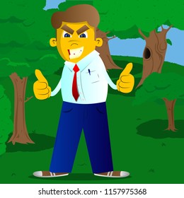 Yellow man making thumbs up sign with two hands. Vector cartoon illustration.