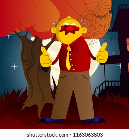 Yellow man making thumbs up sign with two hands. Vector cartoon illustration.