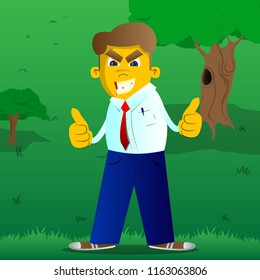 Yellow man making thumbs up sign with two hands. Vector cartoon illustration.