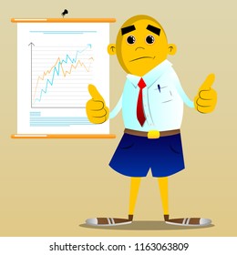 Yellow man making thumbs up sign with two hands. Vector cartoon illustration.
