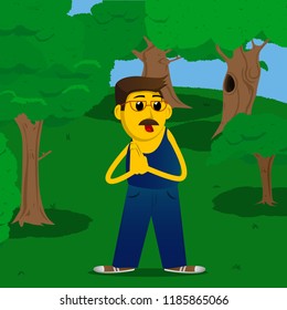 Yellow man with praying hands. Vector cartoon illustration.