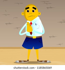 Yellow man with praying hands. Vector cartoon illustration.