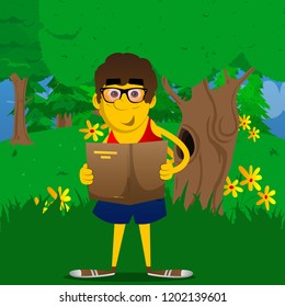 Yellow man reading a book. Vector cartoon illustration.