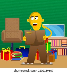 Yellow man reading a book. Vector cartoon illustration.