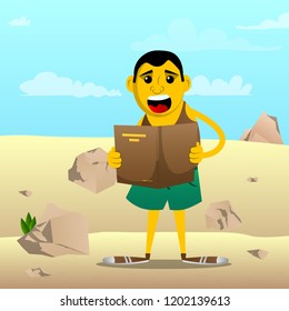 Yellow man reading a book. Vector cartoon illustration.