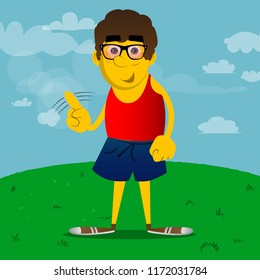 Yellow man saying no with his finger. Vector cartoon illustration.