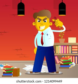 Yellow man shows a you're nuts gesture by twisting his finger around his temple. Vector cartoon illustration.