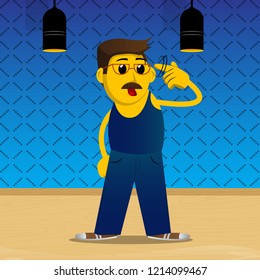 Yellow man shows a you're nuts gesture by twisting his finger around his temple. Vector cartoon illustration.