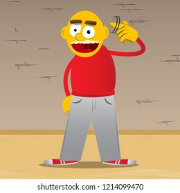Yellow man shows a you're nuts gesture by twisting his finger around his temple. Vector cartoon illustration.