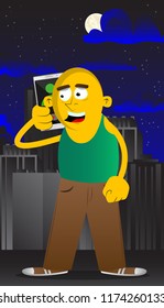 Yellow man talking on cell phone. Vector cartoon illustration.