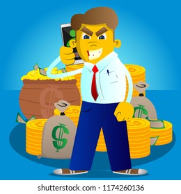 Yellow man talking on cell phone. Vector cartoon illustration.