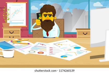Yellow man talking on cell phone. Vector cartoon illustration.