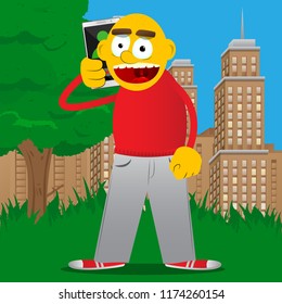 Yellow man talking on cell phone. Vector cartoon illustration.