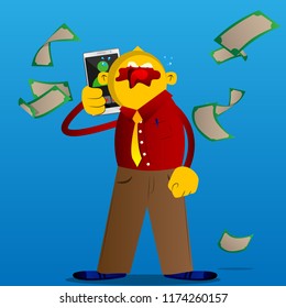 Yellow man talking on cell phone. Vector cartoon illustration.