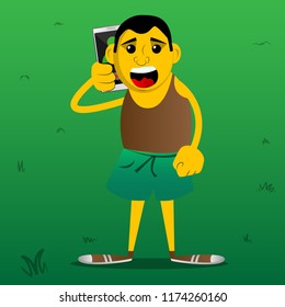 Yellow man talking on cell phone. Vector cartoon illustration.