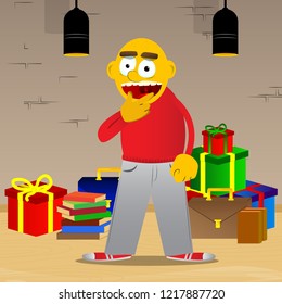 Yellow man thinking or pointing to his left side. Vector cartoon illustration.
