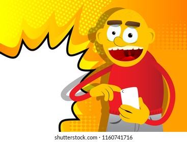 Yellow man using a mobile phone. Vector cartoon illustration.
