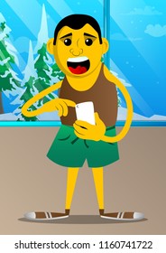 Yellow man using a mobile phone. Vector cartoon illustration.