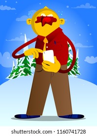 Yellow man using a mobile phone. Vector cartoon illustration.