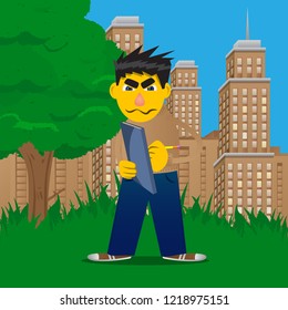 Yellow man writing on a books cover. Vector cartoon illustration.