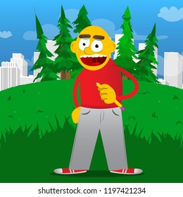Yellow man writing with pencil. Vector cartoon illustration.