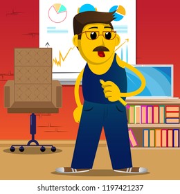 Yellow man writing with pencil. Vector cartoon illustration.
