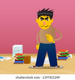 Yellow man writing with pencil. Vector cartoon illustration.