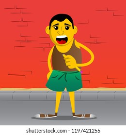Yellow man writing with pencil. Vector cartoon illustration.