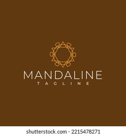 Yellow mandala logo design on brown background.