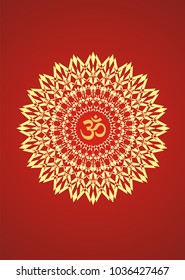 Yellow mandala with the symbol aum (ohm) on a red background. Spiritual Symbol. Artistic background. Vector graphics