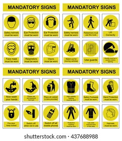 Yellow mandatory construction engineering and manufacturing health and safety sign set isolated on white background