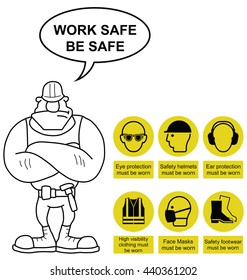 Yellow mandatory construction manufacturing and engineering health and safety signs to current British Standards with work safe be safe message isolated on white background
