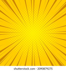 Yellow Manga Anime Action Frame Lines With Halftones. Pop Art Retro Background With Exploding Rays Of Lightning Comic Style. Vector. Abstract Template With Speed Lines On Transparent Background
