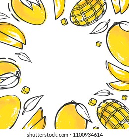 Yellow mango background in sketch style. Exotic fruits doodle