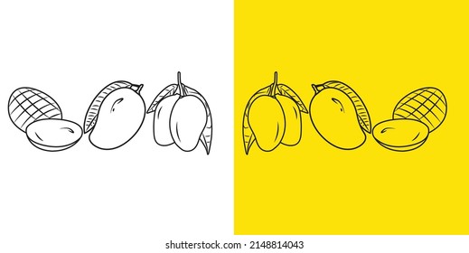Yellow mango doodle background. Exotic isolated fruits doodle icon. with two background.