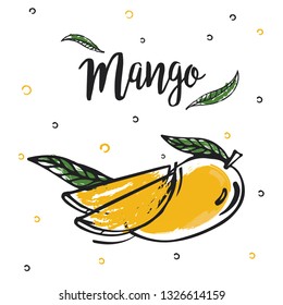 Yellow mango exotic fruit in doodle style. Isolated vector illustration with calligraphy