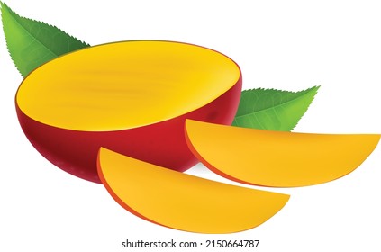 Yellow mango. Fresh fruit. 3d realistic vector icon, Realistic tropical mango fruit in 3d illustration, 3d realistic transparent isolated vector, whole and pieces mango fruit with leaf in a splash of 