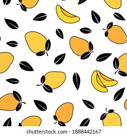 Yellow Mango fruit full and slices, black outline with black leaves, vector illustration over a white background, seamless pattern.