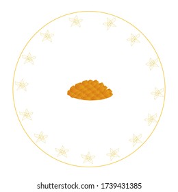 Yellow mango fruit, peeled and cut with a pattern of flowers on a white background.