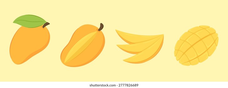 Yellow mango fruit set with whole drupe, green leaf, fresh slices and diced pulp half. Sweet tropical food collection isolated on light background. Organic exotic succulent pieces.