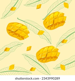 Mango amarillo y hojas verdes, los cubos mango sobre fondo claro. Mango jugoso, fondo de fruta fresca, menú, fondo de verano, anuncios de bebidas, mango suave. Vector de ilustración de frutas.  