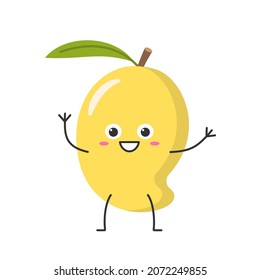 Yellow mango hand greeting character cartoon tropical fruit happy joy emotions smiling face icon vector illustration.