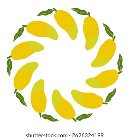 Yellow mangoes arranged in a circular pattern with green leaves on a white background celebrating summer harvest