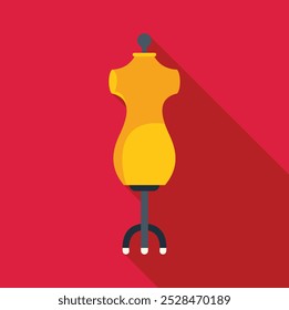 Yellow mannequin standing on tripod isolated on red background, flat style with long shadow