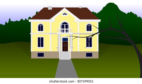 Yellow mansion exterior with brown roof  with 2 floors and a light brown basement 