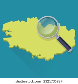 Yellow Map of Brittany in 3D on a blue background in the style of flat design on which a magnifying glass zooms in